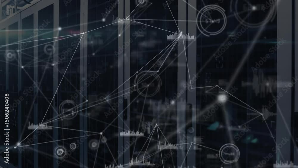 Poster blurred racks initiating lines, glowing nodes forming mesh, charts varying showing live data flow