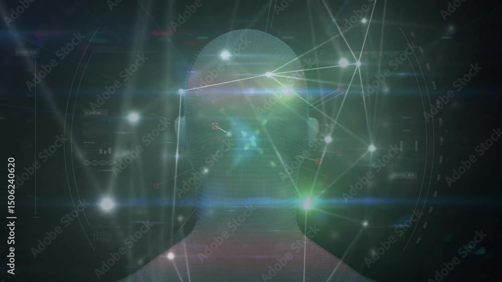 Poster transparent 3d head rotating upon glowing nodes forming around it, showing digital connectivity