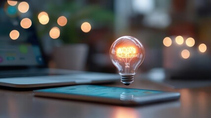 Light Bulb Idea on Tablet, Creativity and Technology Concept