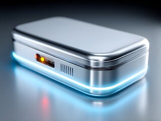 A sleek futuristic data storage device on a clean white table. Minimalist, metallic, and high-tech—ideal for illustrating digital security, cloud storage, or modern technology concepts