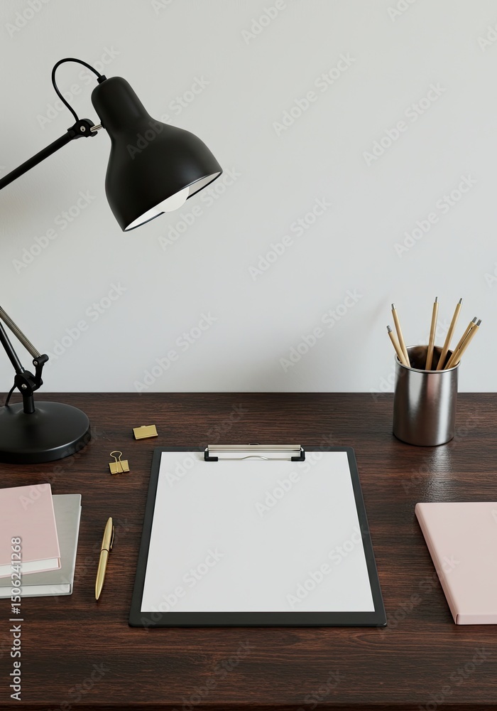 Poster a workspace setup featuring a wooden desk with a clipboard a pen and a lamp with a neutral backgroun
