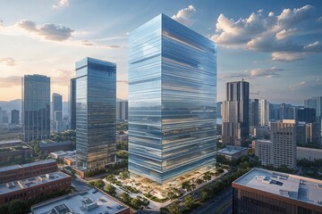 Fototapeta premium Innovative Glass Facade Skyscraper Redefining Urban Growth and Business Success