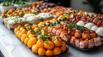 A vibrant assortment of traditional Filipino dishes arranged on a rustic wooden table, showcasing a flavorful mix of rice, meats, vegetables, and fish. This appetizing food set reflects authentic Asia