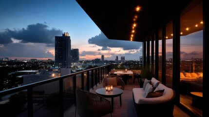 Luxury Balcony at Twilight Overlooking City Skyline