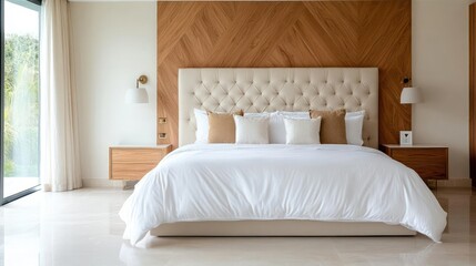 Luxury Bedroom with Tufted Headboard and Wood Paneling