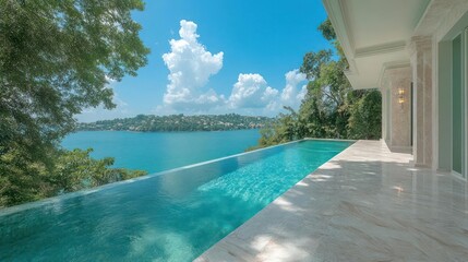 Luxury infinity pool overlooking tropical ocean bay.