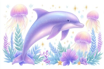 Obraz premium Playful Pastel Dolphin Leaps Among Iridescent Jellyfish and Underwater Flora