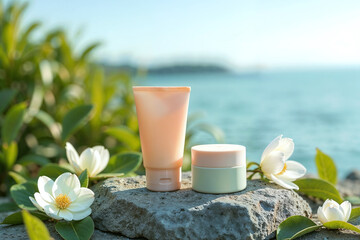 Natural skincare products on a coastal stone with white blossoms and ocean backdrop