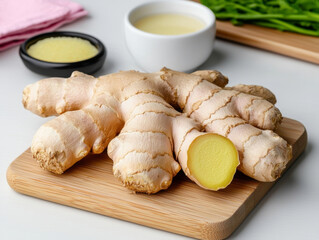 Fresh ginger roots displayed on a wooden board with condiments in the background.