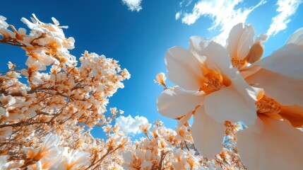 Magnolia blooms against a clear blue sky in springtime.