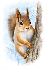 Red Squirrel on Tree Trunk in Winter Setting
