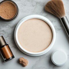 Makeup Powder and Brush Set on Marble Surface