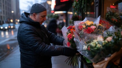 Man buys flower bouquets in city rain