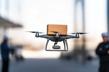 Futuristic air transportation concept with delivery drone carrying package at airport on clear blue sky day observed by workers