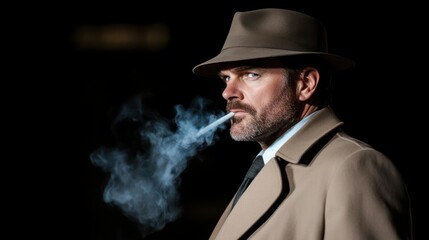 Man in Fedora and Trench Coat Smoking