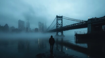 Man in Foggy Cityscape with Bridge