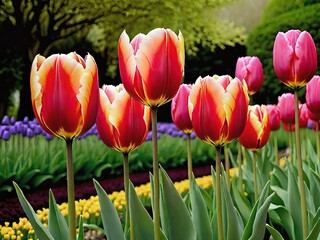 Simple and beautiful shot of colorful tulips blooming in a garden.