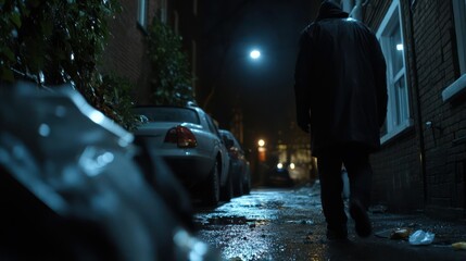 Man Walking Down Dark, Wet Alleyway at Night