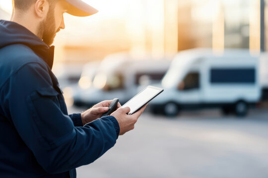 Delivery man in uniform uses a tablet in front of delivery vans, managing logistics and checking digital information for courier service. This illustrates mobile technology in transport.