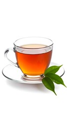 Freshly Brewed Tea in Glass Cup with Leaves with Isolated on White Background.