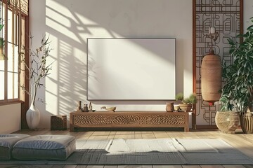 High Definition Image of Mockup Smart Tv , Living Room with Decoration Zen Style