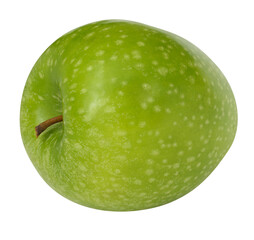 One green apple with stem, with light spots, isolated