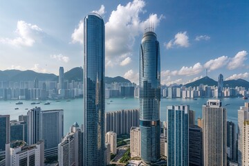 Fototapeta premium Iconic Skyscraper in Hong Kongs Financial District Featuring Modern Architecture and Stunning Urban Skyline