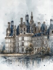 Fototapeta premium A stunning chateau stands tall with intricate architecture, its reflection captured in tranquil waters. The atmosphere is misty, enhancing the beauty of this historic structure.