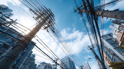 Obraz premium Looking Up at Power Lines and City Buildings Under Blue Sky