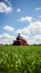 Freshly cut green grass with blurred man riding modern professional lawn mower in background, blue sky. Macro close up. Concept of lawn care, landscaping, outdoor maintenance, urban suburban gardening