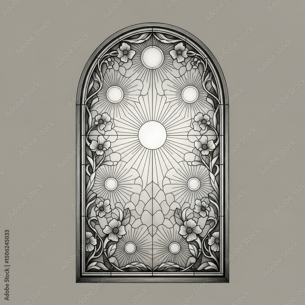Poster detailed illustration of an arched window featuring an ornate design with floral and celestial eleme