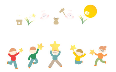 うさぎのお月見を楽しむ子供たちのイラスト