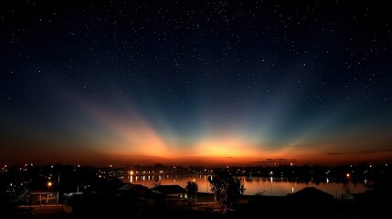 Starry Night Lake Town Lights Beam Clouds Orange Blue Cottages Tranquil Scene HD Wallpaper
