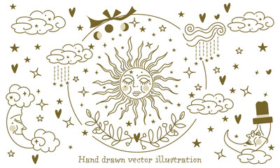 太陽と月と星々のラインアート（塗と線部以外は透過性のラインアート）