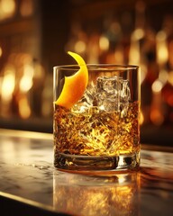 Luxurious Gold-Trimmed Old Fashioned Cocktail with Orange Peel and Ice on Marble Bar - 4K Photorealistic Drink for Mixology, Hospitality, and Premium Beverage Advertising