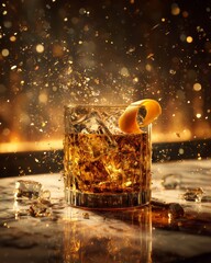 Luxurious Gold-Trimmed Old Fashioned Cocktail with Orange Peel and Ice on Marble Bar - 4K Photorealistic Drink for Mixology, Hospitality, and Premium Beverage Advertising