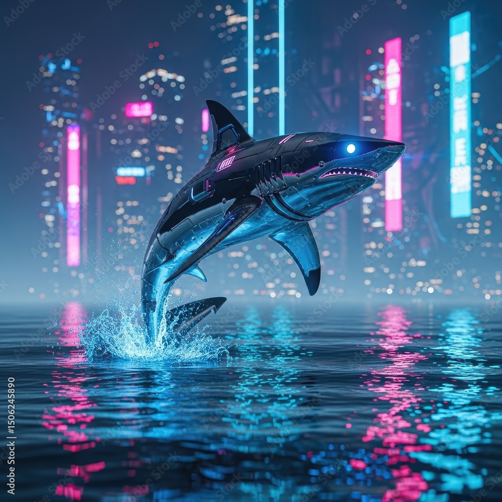 Poster a digital rendering depicts a robotic shark breaching the water with neon blue and pink lights illum