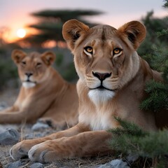 Obraz premium Two lionesses rest, sunset backdrop