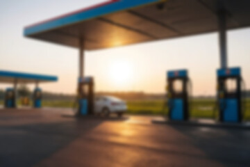 Obraz premium Blurred gas station, with a clear sky in the afternoon showing the sunset, without any people, with a blurry gas station in the background.
