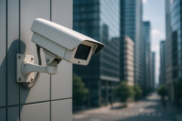 Security Camera CCTV Mounted on Modern Building Wall Professional Surveillance System Technology Video Equipment Safety Area Control Outdoor AI Generated City Scene
