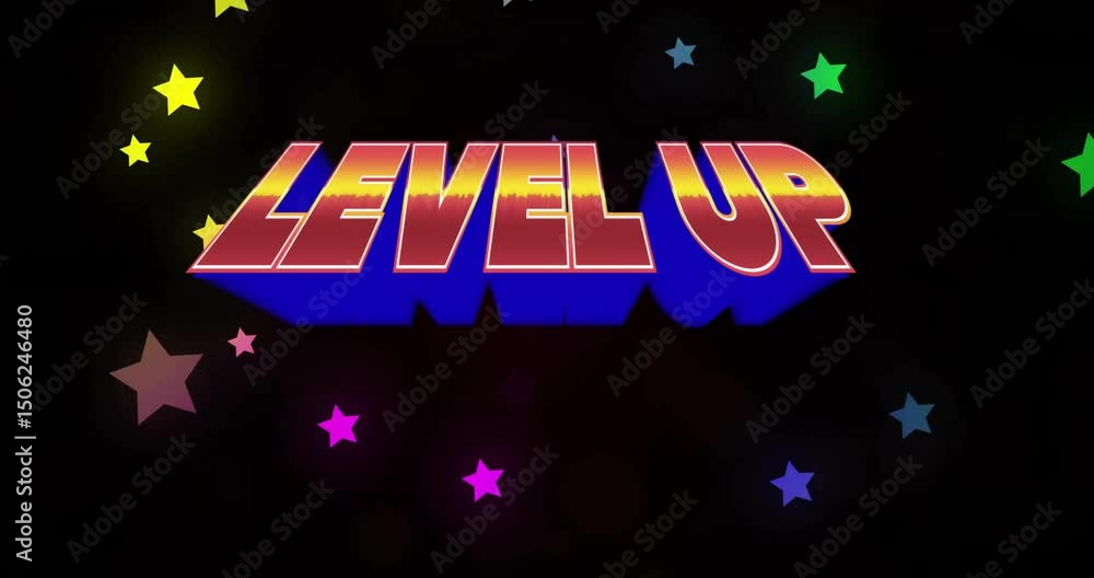 Poster 3d level up text popping, shifting to red gradient while stars drift celebrating progress
