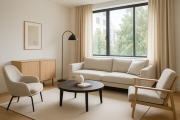 Fototapeta premium Modern Living Room Interior with Large Window Bright Natural Light Contemporary Furniture Design AI Generated Home Decor Visualization Cozy Minimalist Space