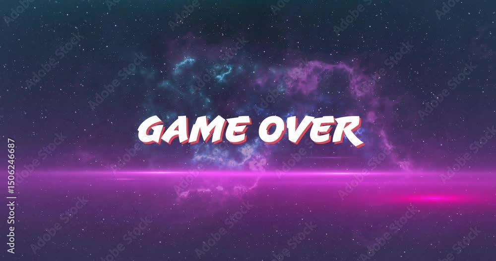 Poster zooming 3d game over text initiating camera pulling back, revealing neon scan line sweeping nebula