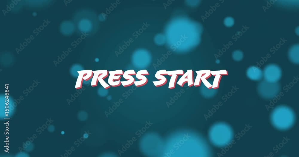 Poster drifting letters revealing bold press start text while teal bokeh circles floating inviting click