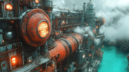 Fototapeta premium Steampunk Coastal Factory: A Futuristic Industrial Haven