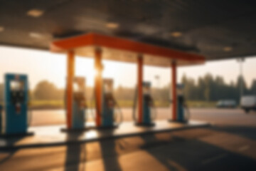 Fototapeta premium Blurred gas station, with a clear sky in the afternoon showing the sunset, without any people, with a blurry gas station in the background.