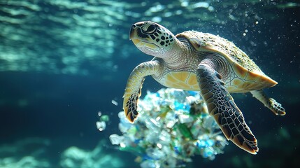 Obraz premium Sea Turtle Endangered by Pollution
