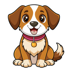 A cheerful puppy with brown and white fur and floppy ears sits with its tongue slightly out, wearing a studded collar  a white background.
