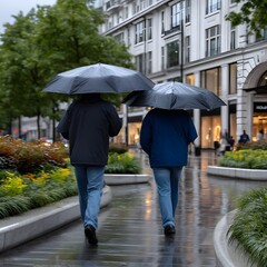 Two people walk in rain, holding umbrellas, on a city street