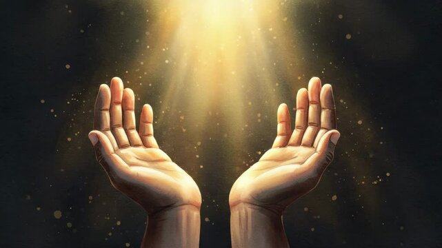 Golden light shines down toward pair of upturned hands, as if bestowing blessing from above in this spiritual illustration.watercolor